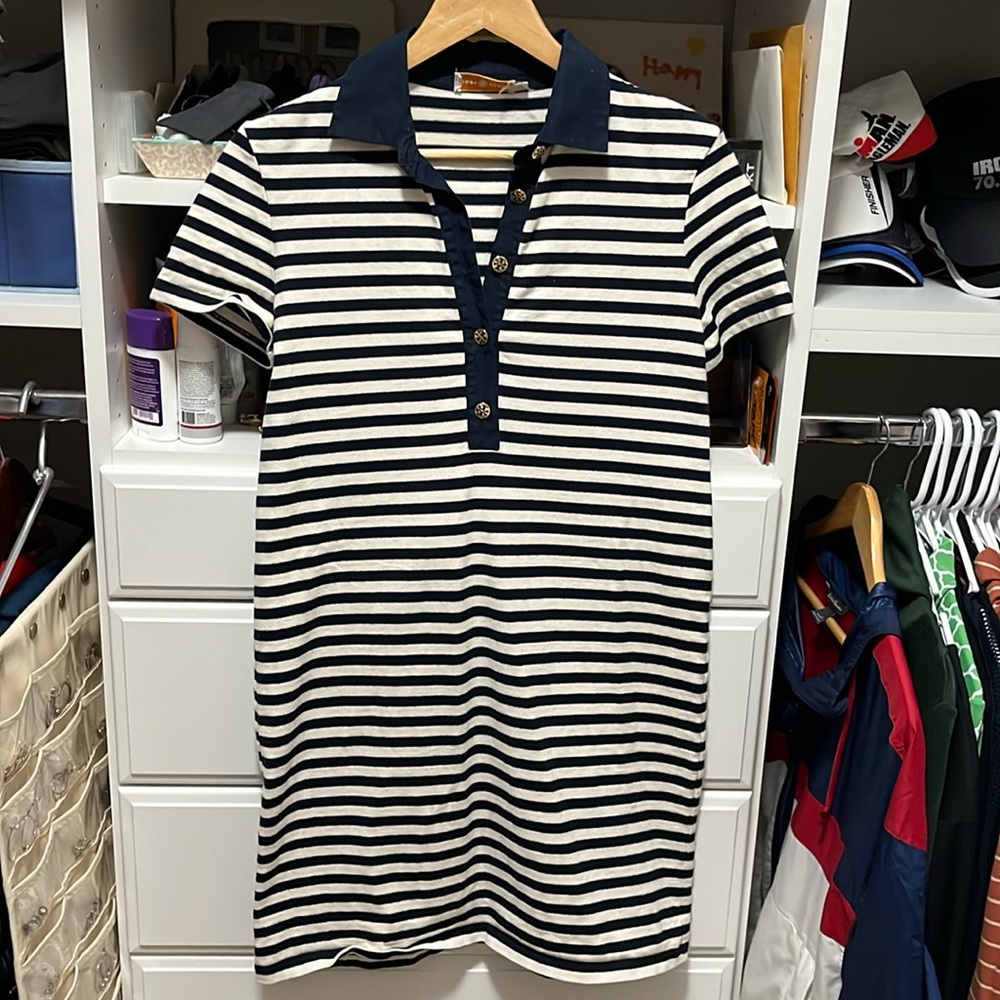 Tory Burch navy and white striped rugby dress. Size small.
